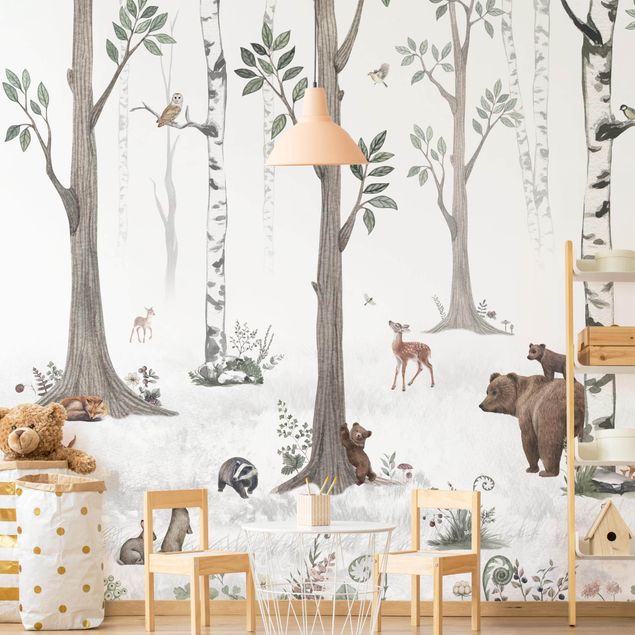 Papier peint forêt Forêt blanche et silencieuse avec des animaux