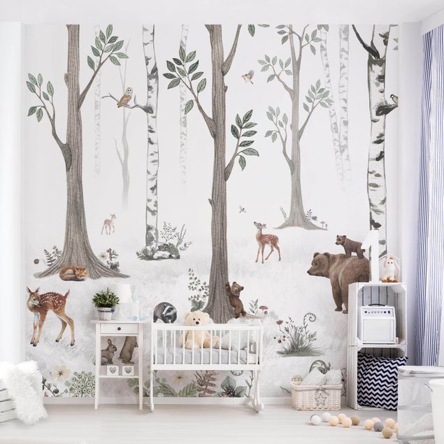 Déco chambre bébé Forêt blanche et silencieuse avec des animaux