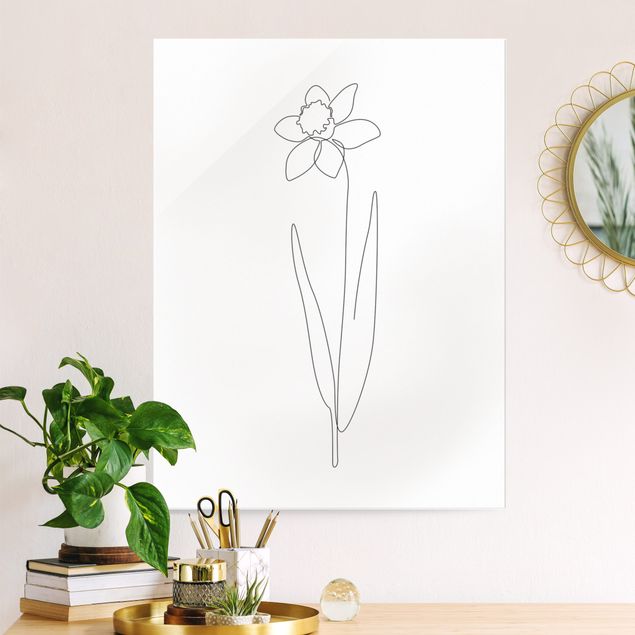 Tableaux en verre noir et blanc Line Art Flowers - Daffodil