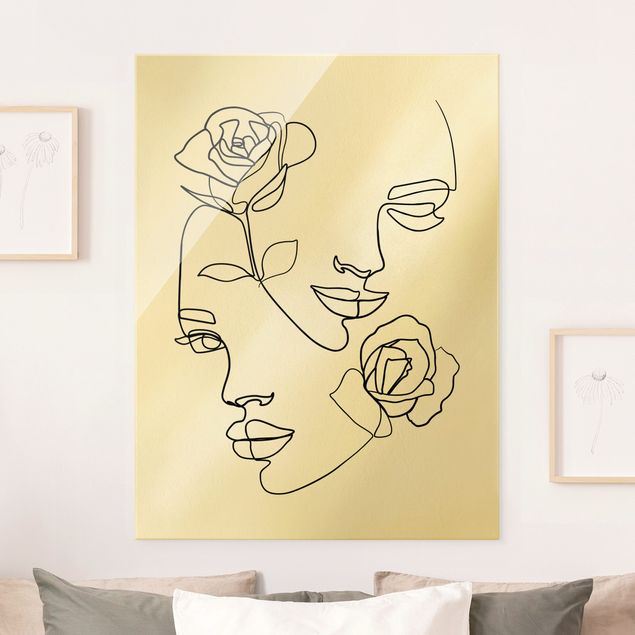Tableaux en verre roses Line Art Visages Femmes Roses Noir et Blanc