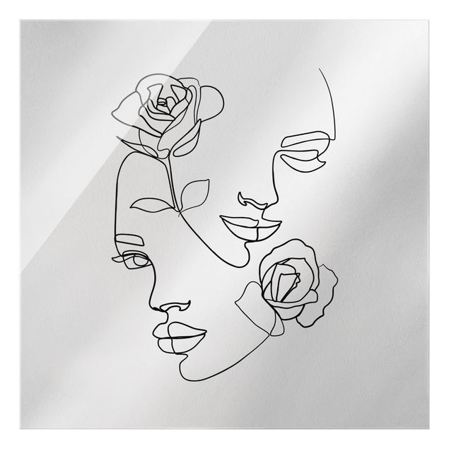 Tableaux en verre noir et blanc Line Art Visages Femmes Roses Noir et Blanc