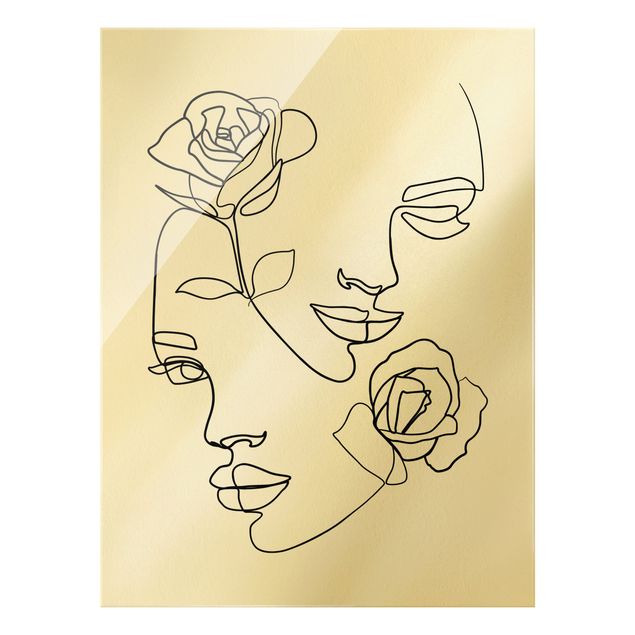 Tableaux en verre noir et blanc Line Art Visages Femmes Roses Noir et Blanc
