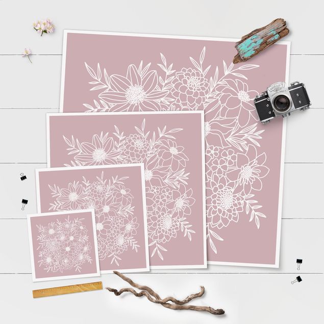 Poster reproduction - Lineart Flowers In Dusky Pink - 1:1
