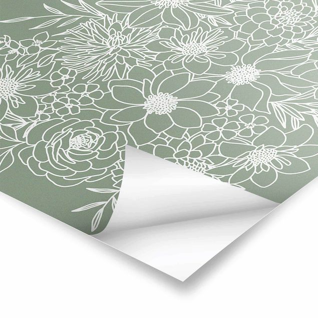 Poster reproduction - Lineart Flowers In Green - 1:1