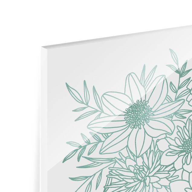 Tableau en verre - Lineart Flowers In Metallic Green - Carré