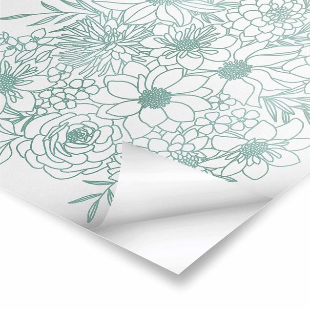 Poster reproduction - Lineart Flowers In Metallic Green - 1:1