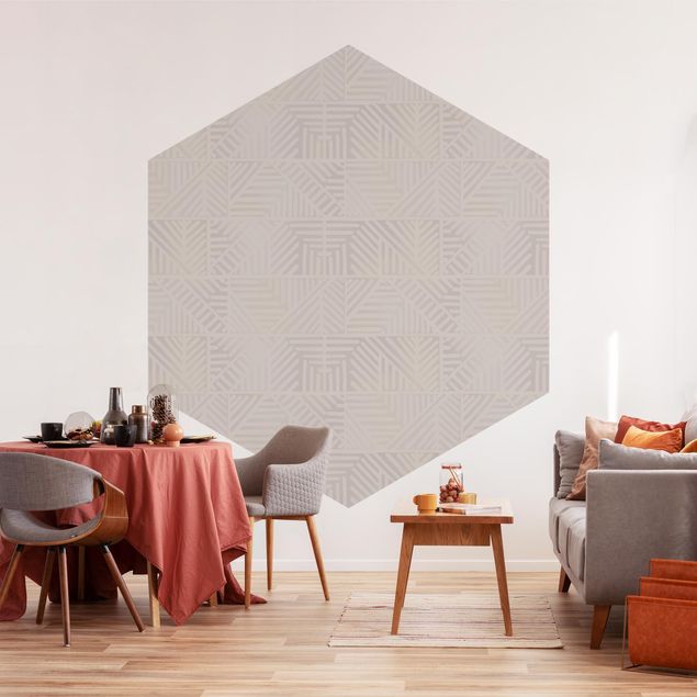 Papier peint panoramique hexagonal Timbre à motif linéaire en taupe