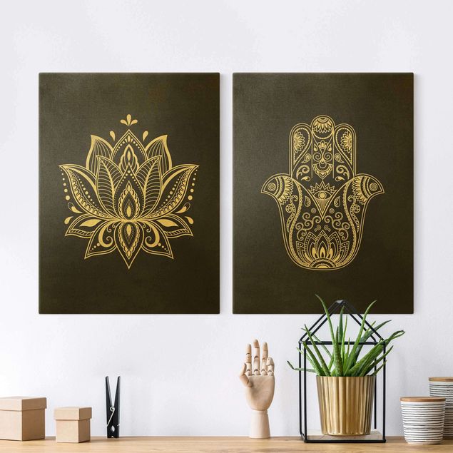 Tableaux sur toile avec dessins Illustration - Lot Lotus et main de Hamsa