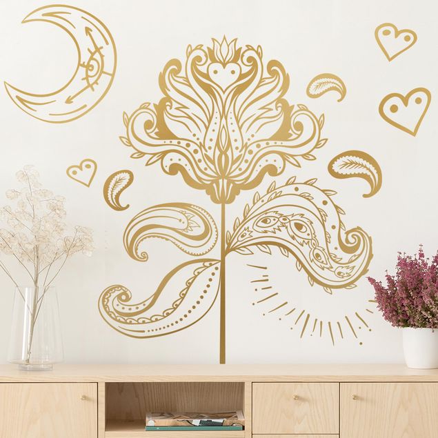 Sticker mural nature Lotus avec lune et cœurs