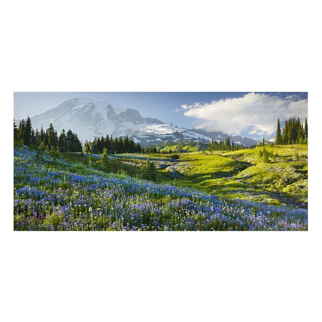 Tableau paysages Mountain Meadow With Blue Flowers in Front of Mt. Rainier