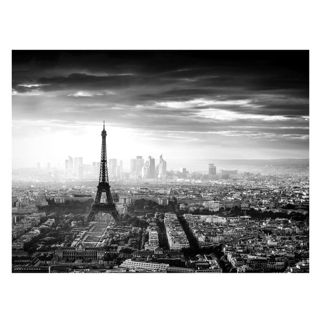 Tableaux Paris La Tour Eiffel vue du ciel en noir et blanc