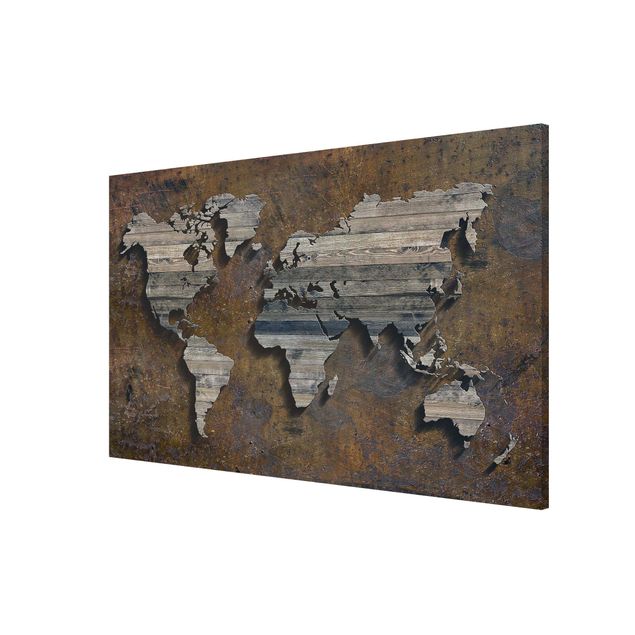 Tableaux industriels Carte du monde avec grille en bois
