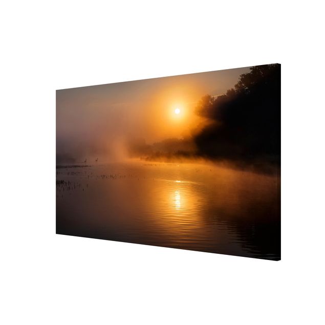 Tableaux modernes Lever de soleil sur le lac avec des cerfs dans le brouillard