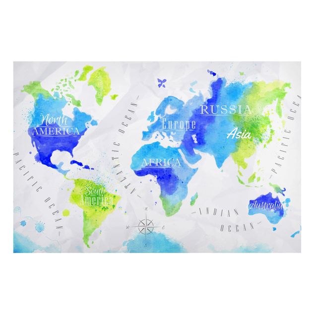 Tableau moderne Carte du Monde Aquarelle Bleu Vert