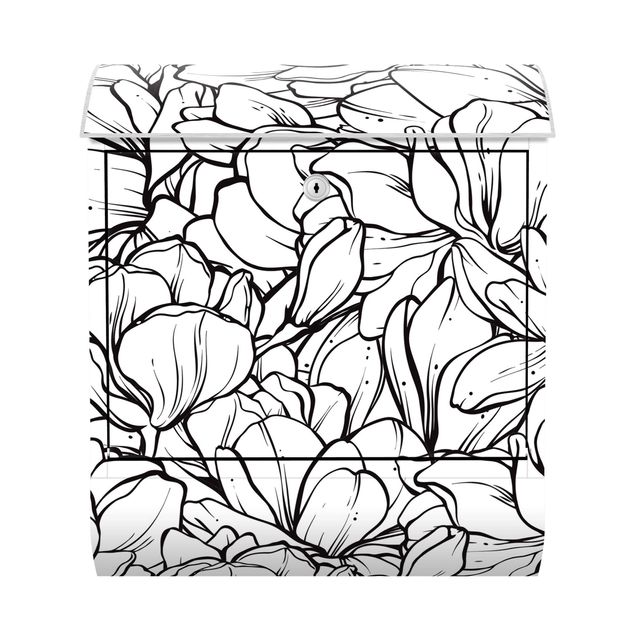 Boite aux lettres noire Mer de magnolias en fleur noir et blanc