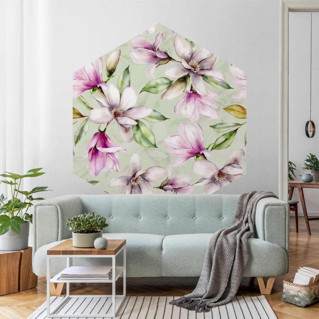 Papier peint floral Illustration de magnolia sur vert menthe