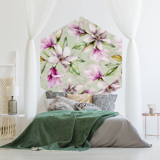papier peint graphique Illustration de magnolia sur vert menthe