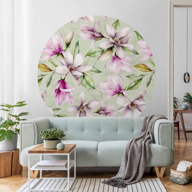 papier peint fleuri Illustration de magnolia sur vert menthe