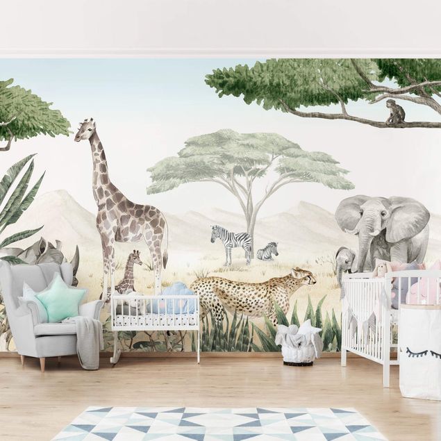 Papier peint panoramique girafe Monde animal majestueux dans la savane