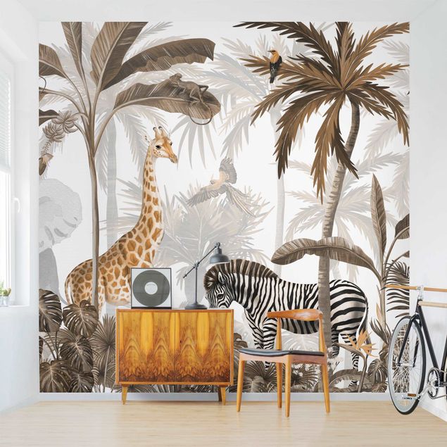 Papier peint girafe Monde animalier majestueux dans la jungle en sépia