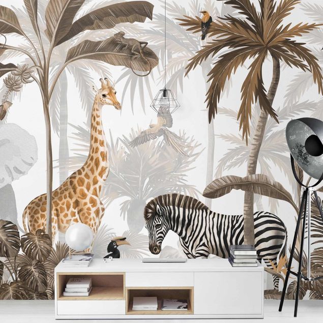 Papier peint zèbre Monde animalier majestueux dans la jungle en sépia