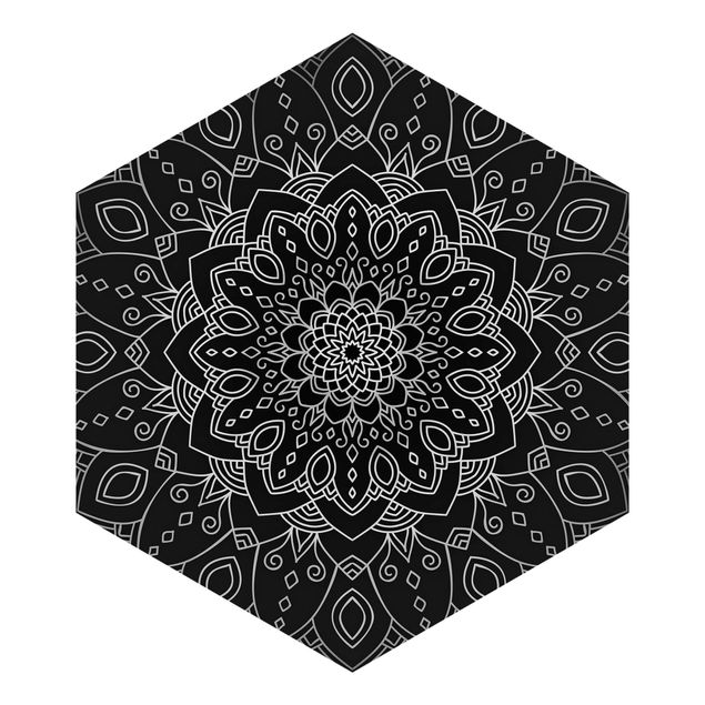 papier peint xxl Mandala Motif floral Argent Noir