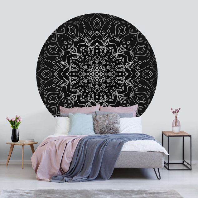 Déco murale cuisine Mandala Motif floral Argent Noir