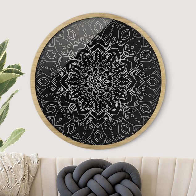 Tableau moderne Mandala Motif floral Argent Noir