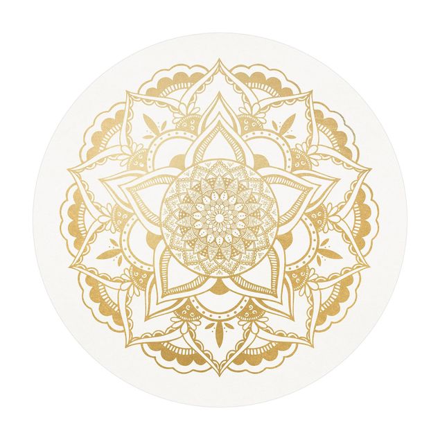 tapis ronds Mandala Fleur Or Blanc