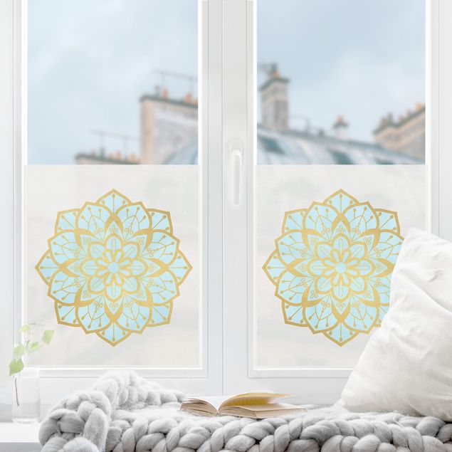 Décoration pour fenêtre - Illustration Mandala Fleur bleu clair or