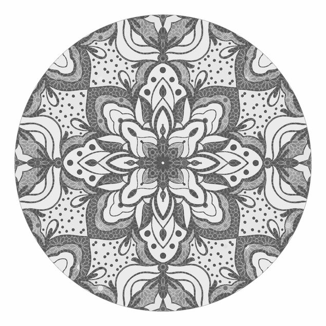 Papier peint panoramique noir et blanc Mandala avec grille et points en gris
