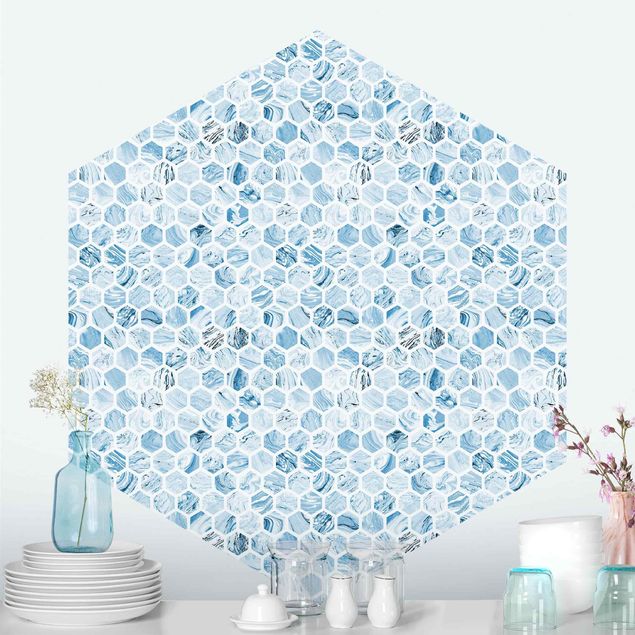Papier peint géométrique Hexagones de marbre dans les tons bleus