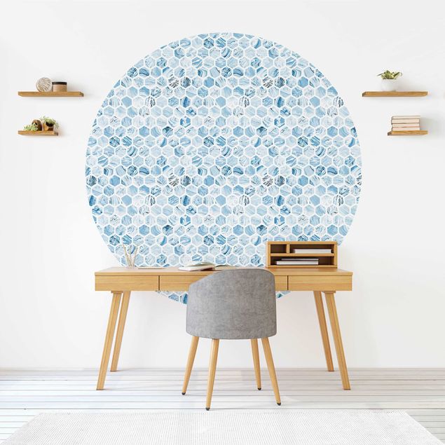 Papier peint motif geometrique Hexagones de marbre dans les tons bleus