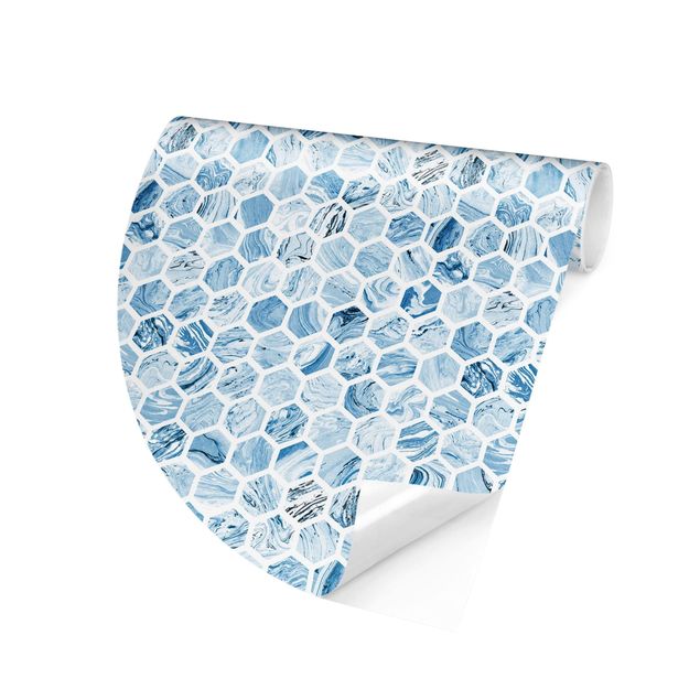Papier peint effet marbre Hexagones de marbre dans les tons bleus