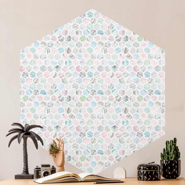 Papiers peints géométriques Hexagones de Marbre Rose et Bleu Marine