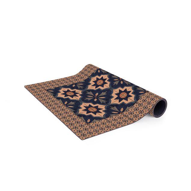 tapis modernes Carreaux Marocains Aquarelle Bleue avec Cadre Carreaux