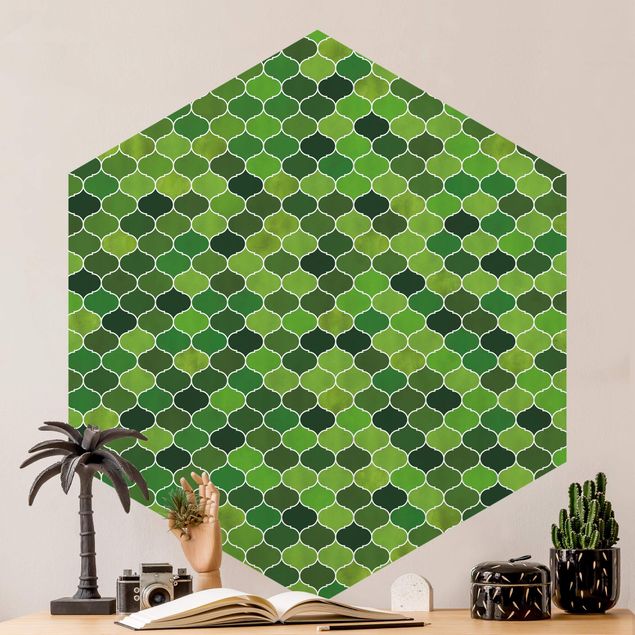 Papier peint géométrique Motif aquarelle marocain vert