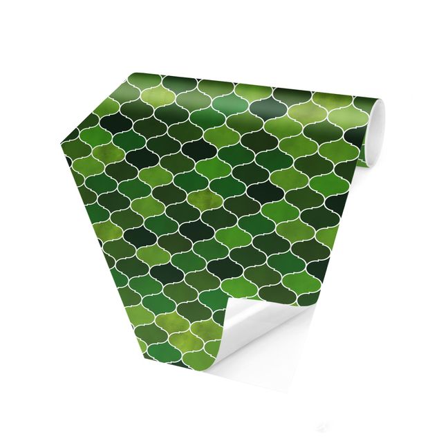 Papiers peintspanoramique hexagonal Motif aquarelle marocain vert