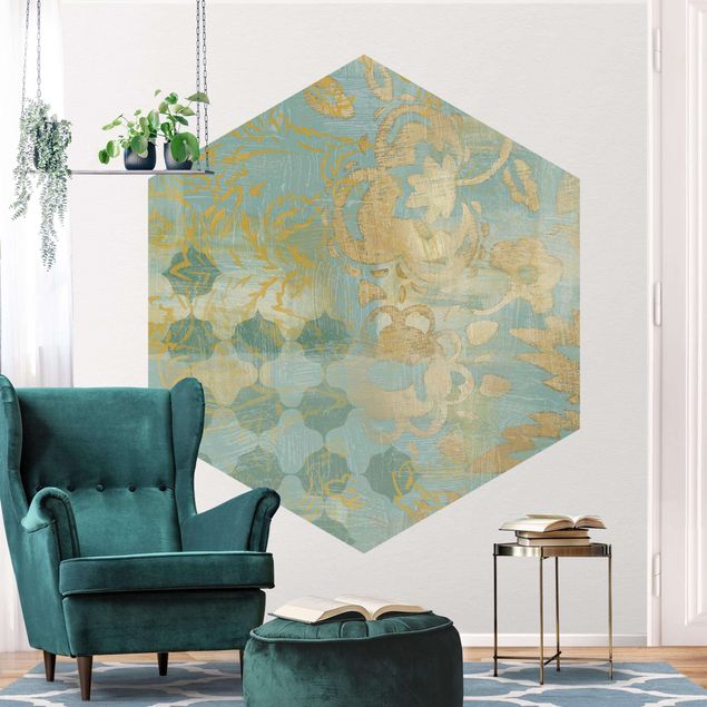 Tapisserie moderne Collage marocain en or et turquoise II