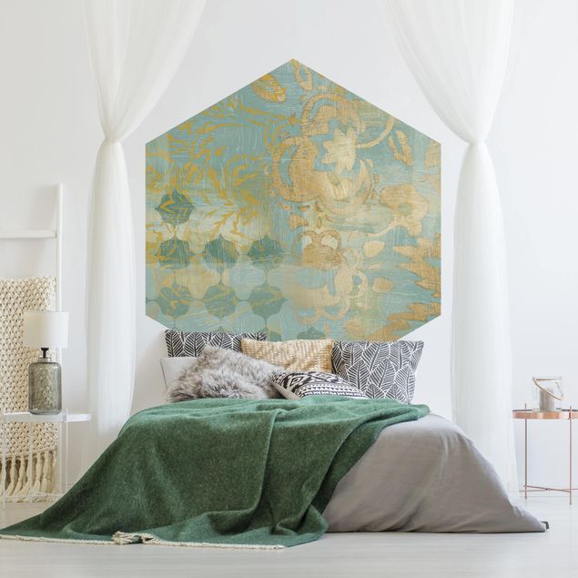 Papier peint rétro Collage marocain en or et turquoise II