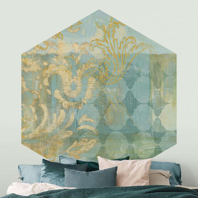 Papier peint ornement Collage marocain en or et turquoise