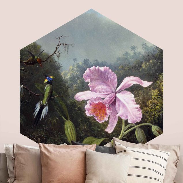 Papier peint oiseaux Martin Johnson Heade - Nature morte avec une orchidée et un couple de colibris