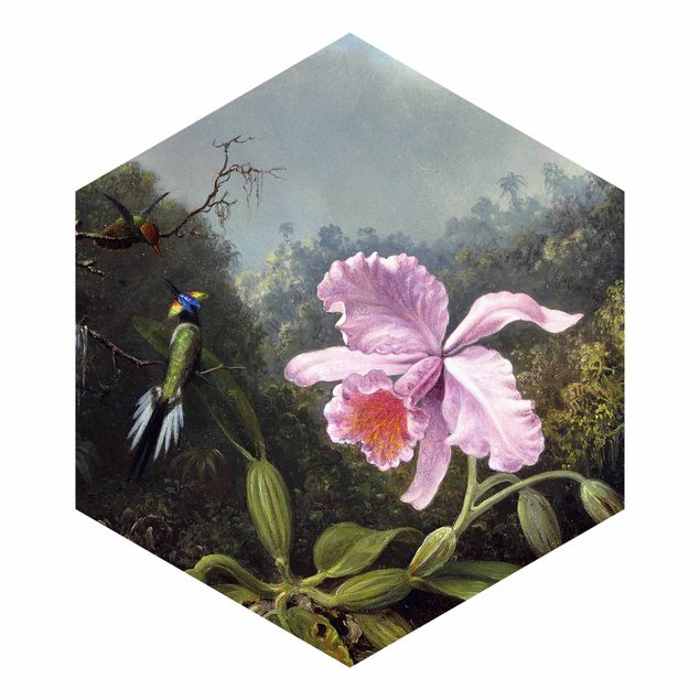 Papier peint fleurs Martin Johnson Heade - Nature morte avec une orchidée et un couple de colibris