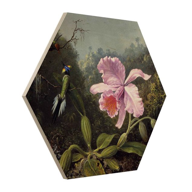 Tableaux en bois avec fleurs Martin Johnson Heade - Still Life With An Orchid And A Pair Of Hummingbirds