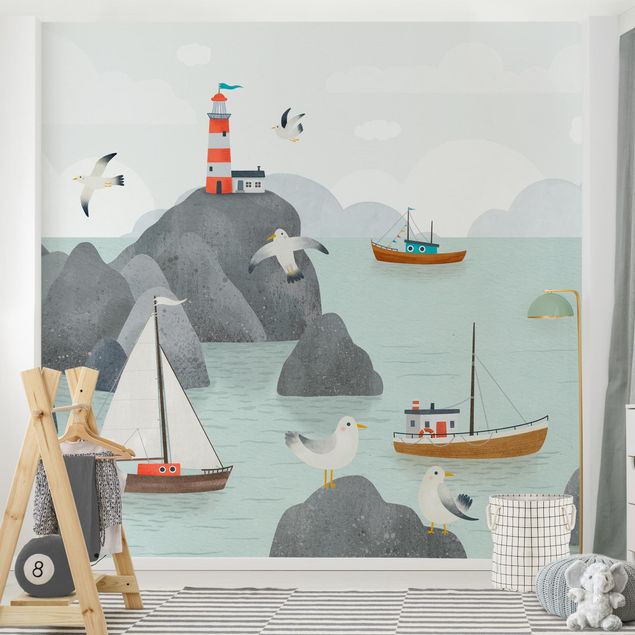 Déco chambre enfant Mer avec rochers, bateaux et mouettes