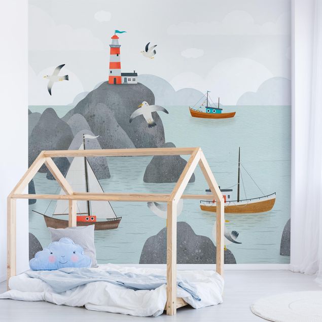 Papier peint phare Mer avec rochers, bateaux et mouettes