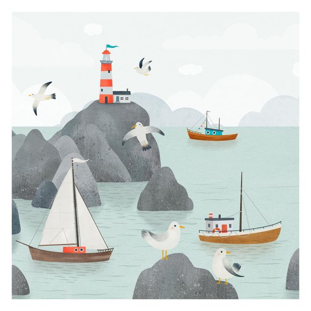 Tapisserie paysage Mer avec rochers, bateaux et mouettes