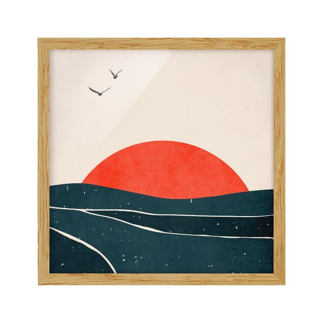 Tableaux plage Océan devant un soleil rouge