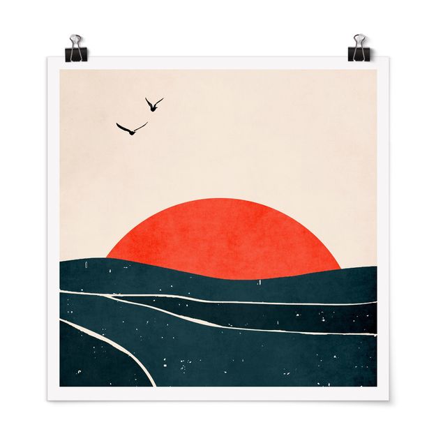 Tableaux modernes Océan devant un soleil rouge