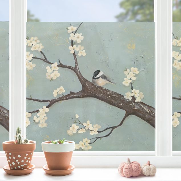 Stickers fenêtre fleurs Mésange sur cerisier